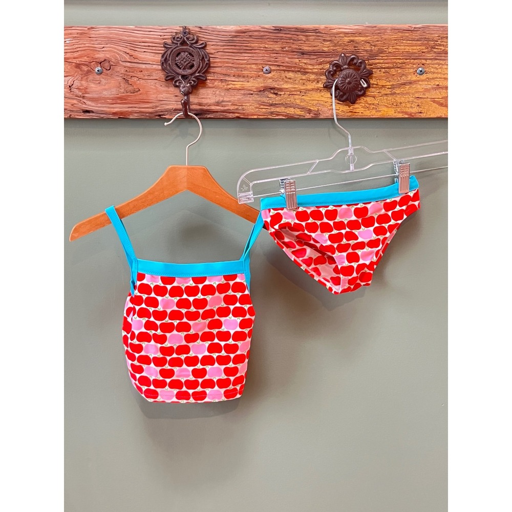 Mini Boden Girls Red Pink Apple Print Tankini Swimsuit Set 4-5Y Turquoise Trim